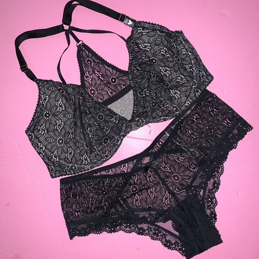 Victoria's Secret unlined 36D,36DDD racerback BRA SET M Panty BLACK floral lace